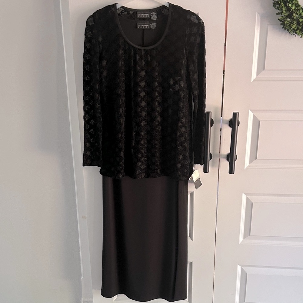 Vintage New Liz Claiborne Elegant Black Dress with Lace‎ Overlay size medium